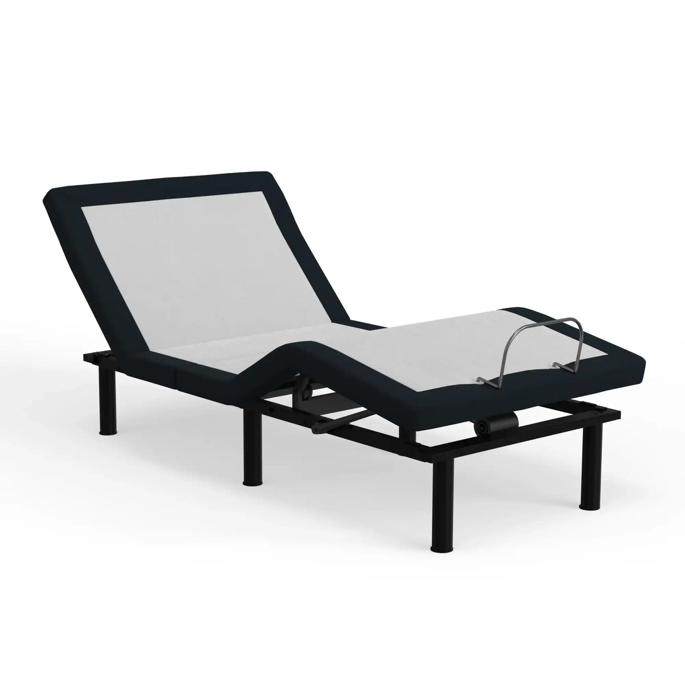 Adjustable bed frame with black metal legs and raised headrest on white background