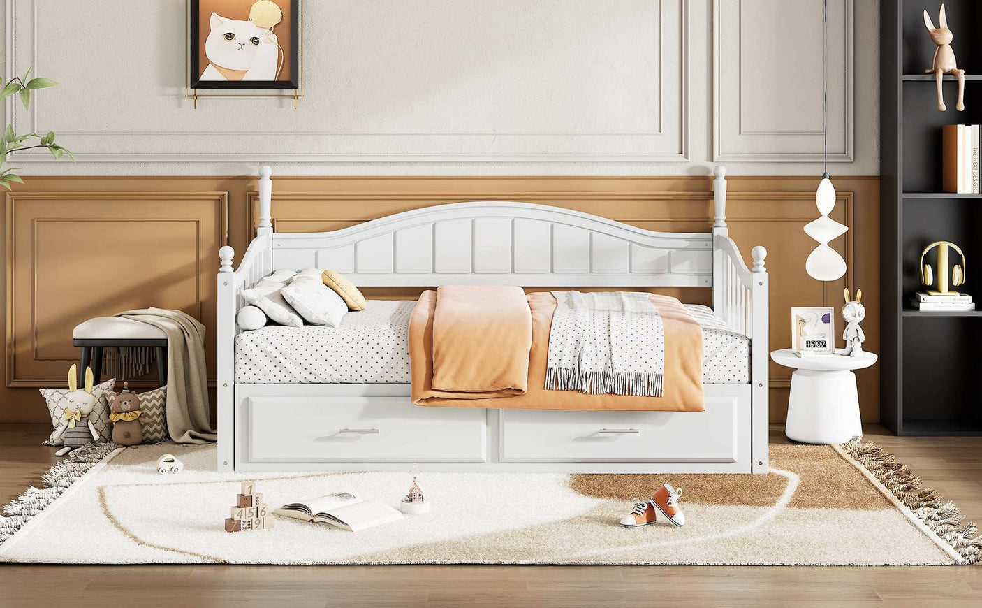 Twin Daybed, Extends to King Size, Trundle with Two Drawers, White