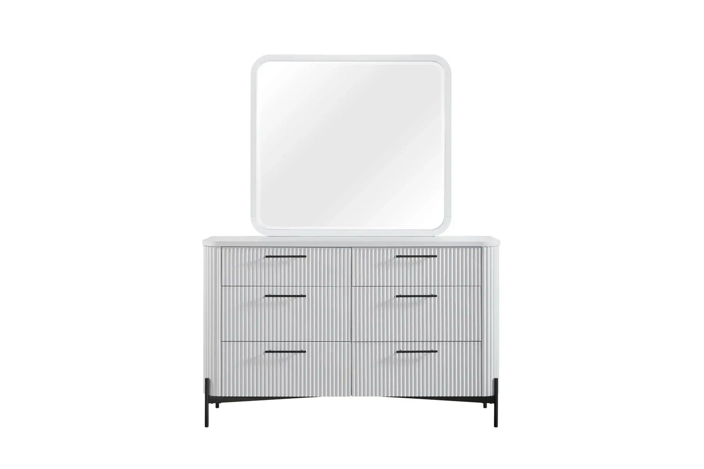 Modern white dresser with six drawers and a large square mirror, minimalist design