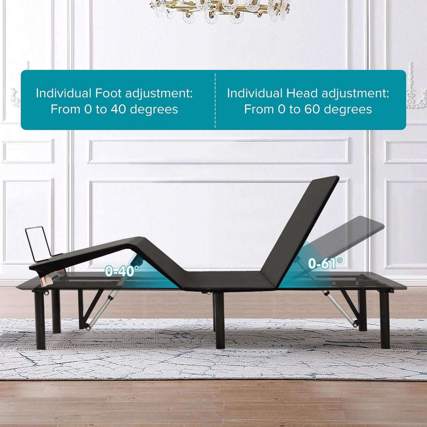 Adjustable bed base with foot and head incline settings in a modern room