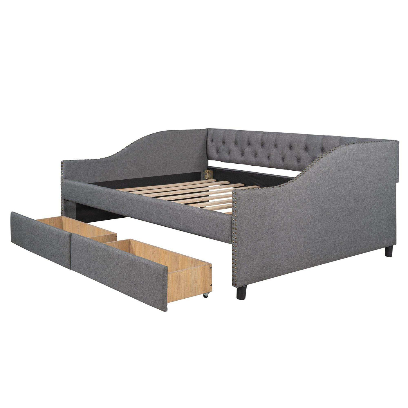 Full Daybed, Upholstered with Two Drawers, Gray