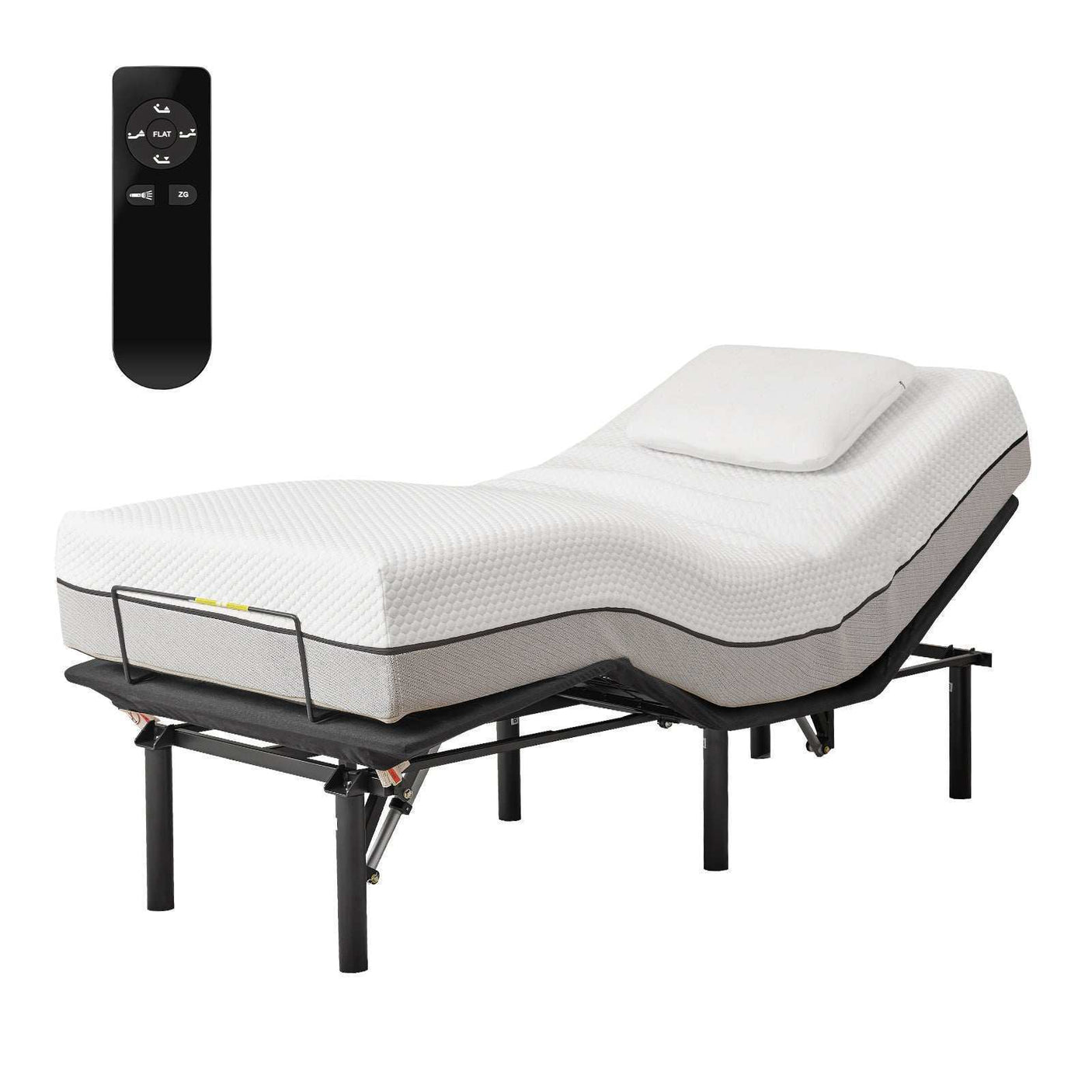 Adjustable bed frame with white mattress and remote control for ergonomic comfort