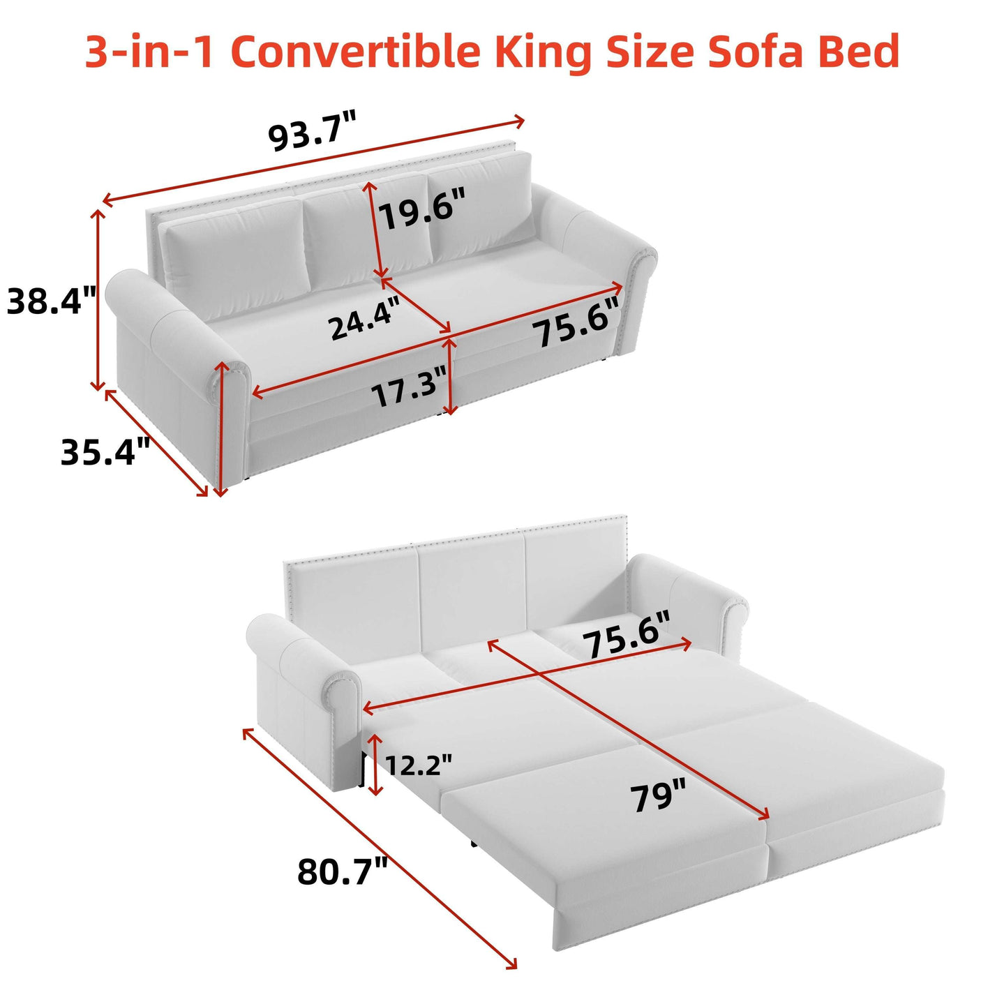 King Sleeper Sofa Bed 94", 3-in-1 Convertible in Velvet with Nailhead Trim