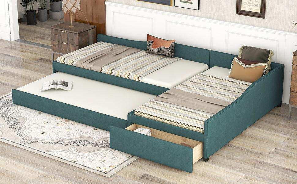 Double Twin Daybed with Trundle & Drawer, Upholstered Green