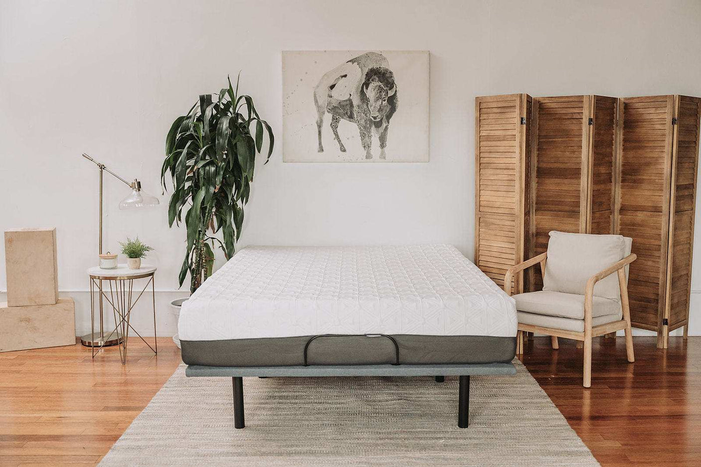 Modern bedroom with a minimalist bed, white mattress, plant, wooden chair, and bison wall art
