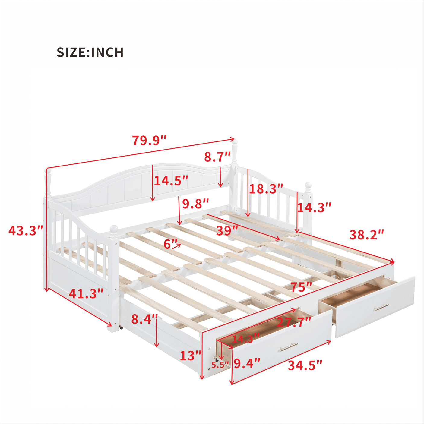 Twin Daybed, Extends to King Size, Trundle with Two Drawers, White
