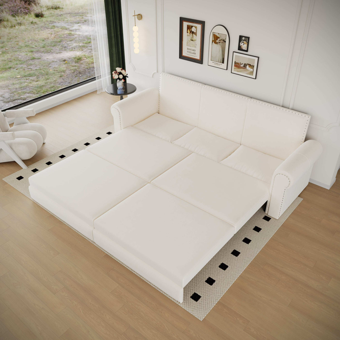 King Sleeper Sofa Bed 94", 3-in-1 Convertible in Velvet with Nailhead Trim