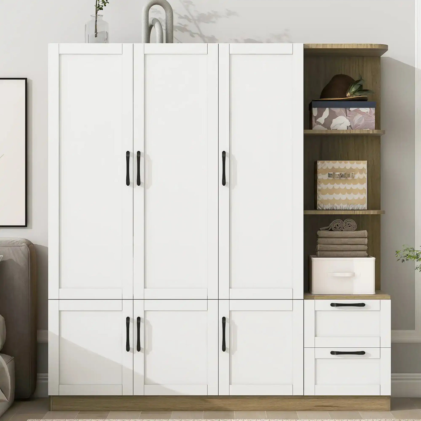 Storage Wardrobe, Stylish 3 Cabinet Doors, 2 Drawers and 3 Side Shelves