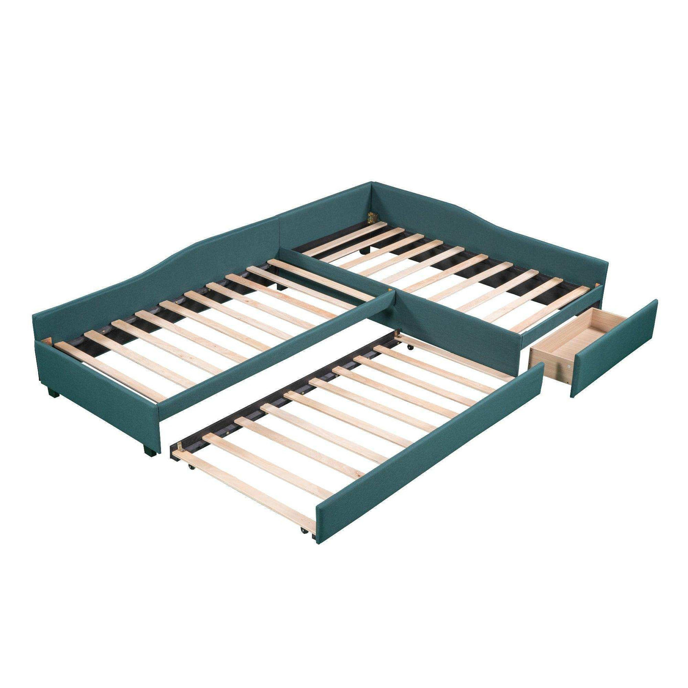 Double Twin Daybed with Trundle & Drawer, Upholstered Green