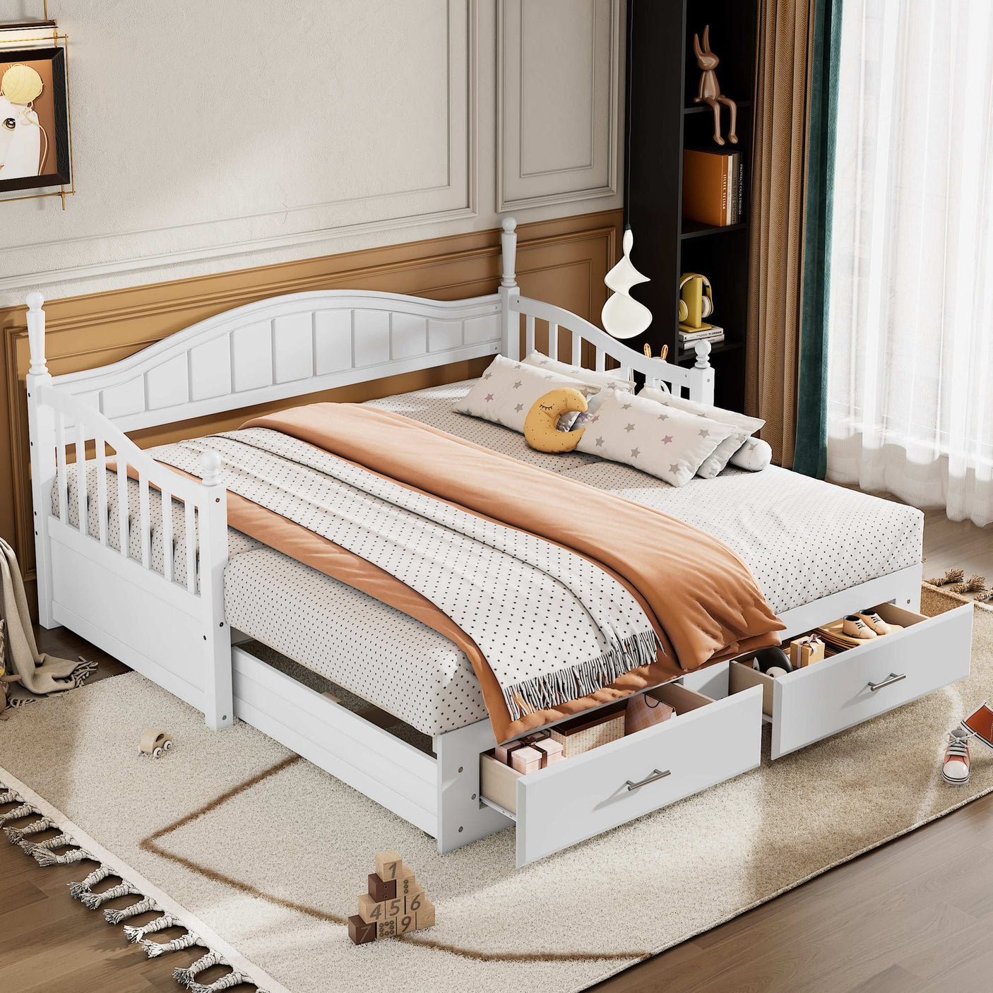 Twin Daybed, Extends to King Size, Trundle with Two Drawers, White