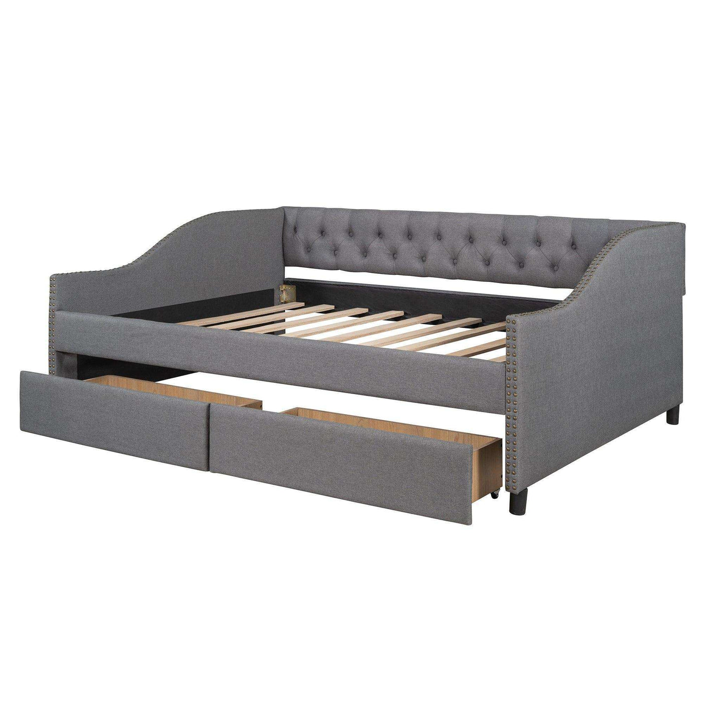 Full Daybed, Upholstered with Two Drawers, Gray