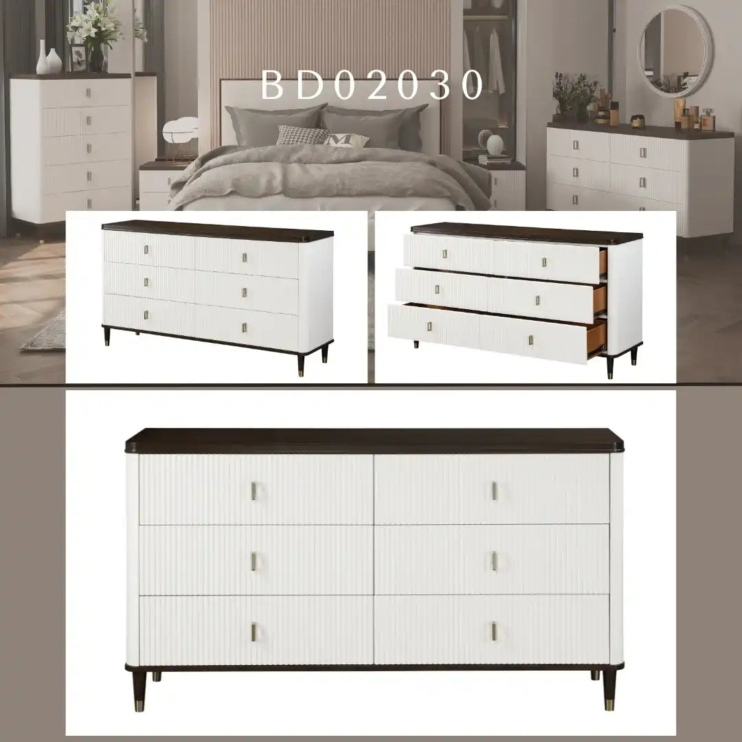 Modern white and dark wood dresser BD02030 in stylish bedroom setting