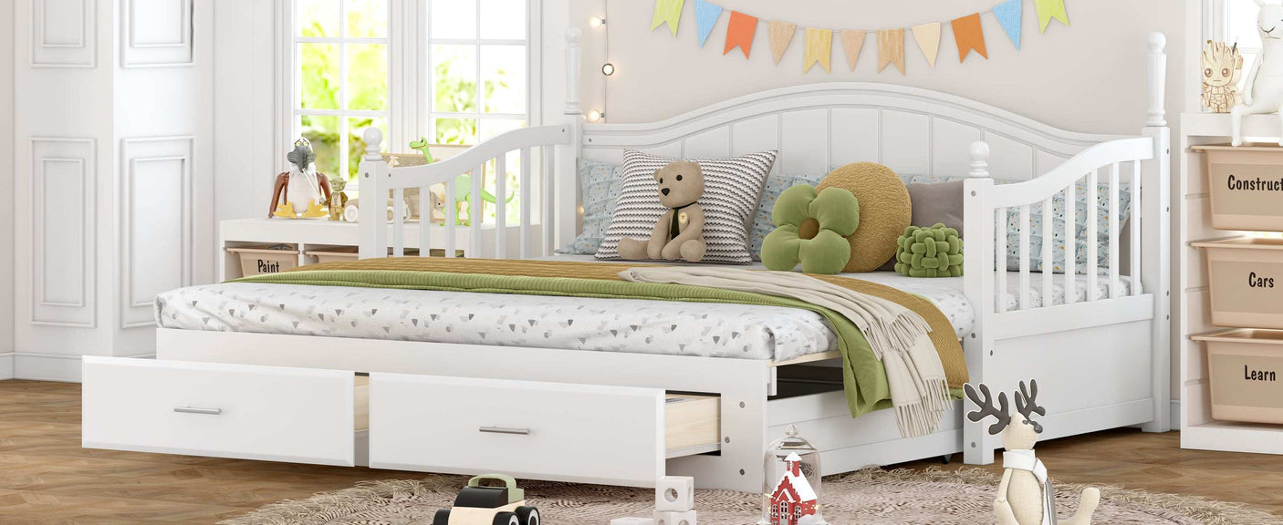 Twin Daybed, Extends to King Size, Trundle with Two Drawers, White
