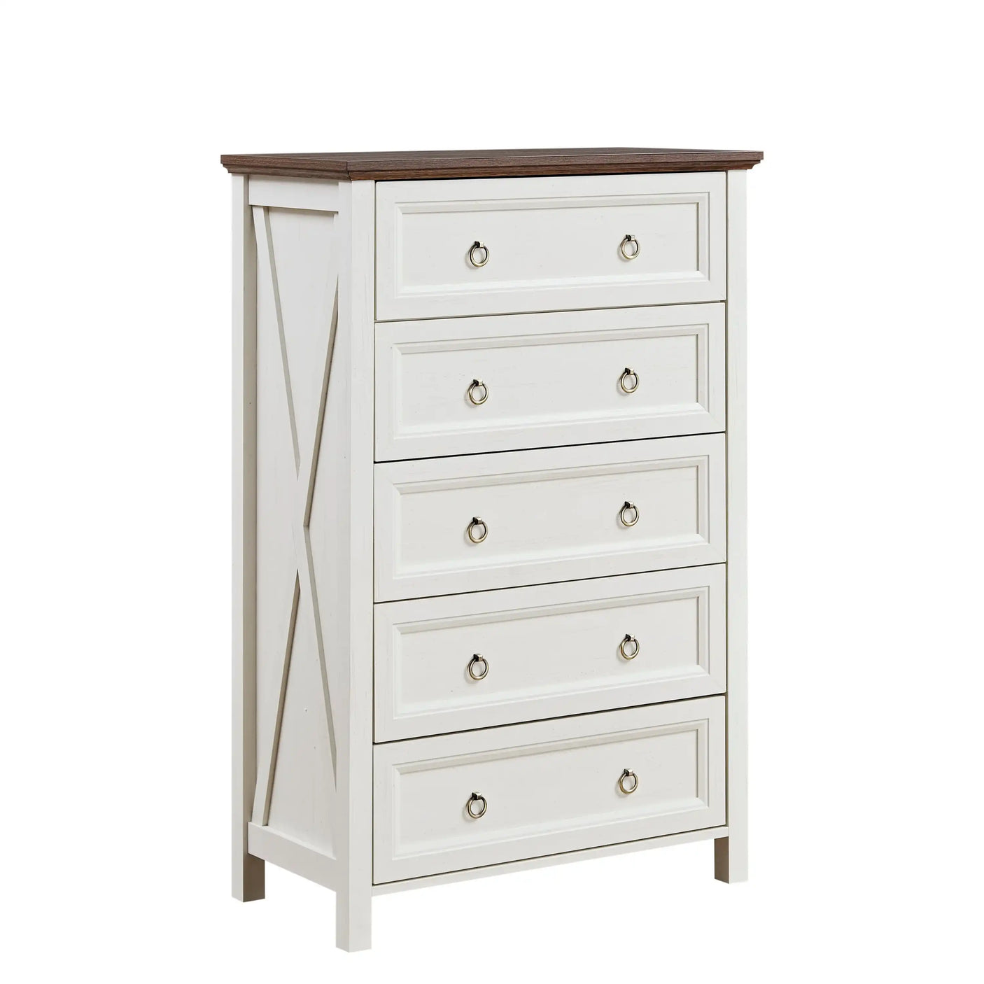 Farmhouse Chest Dresser, 5 Drawers, Wood Rustic Organizer, White