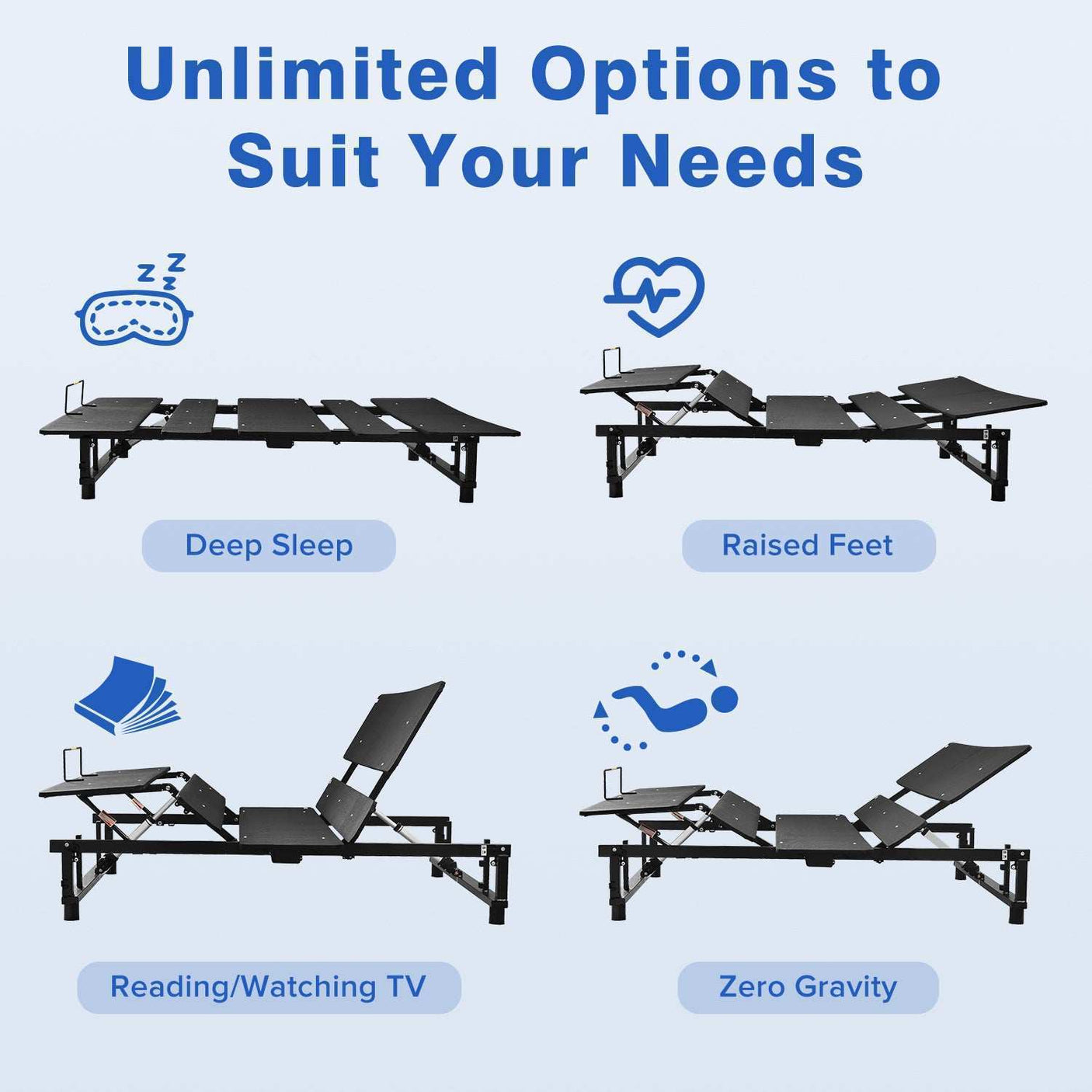 Adjustable Bed Base, Head and Foot Incline, Wireless Remote