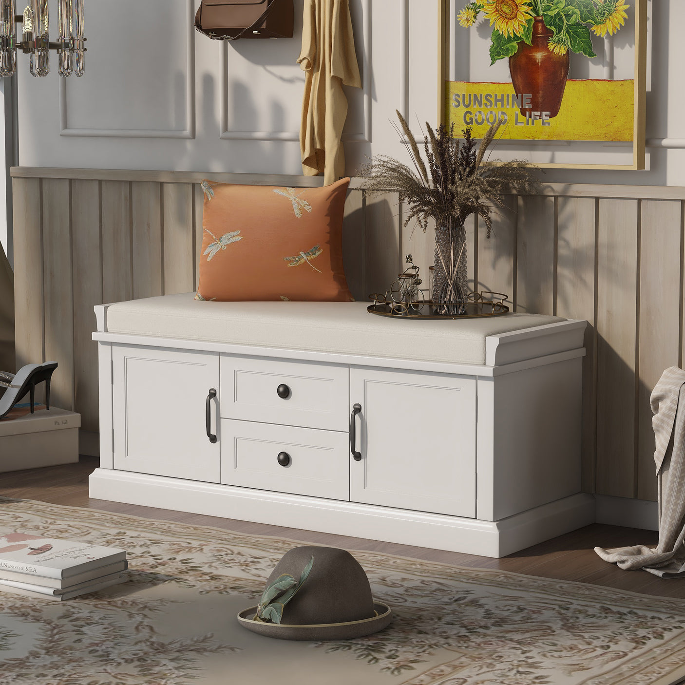 Storage Bench, 2 Drawers and 2 Cabinets, Removable Cushion, White