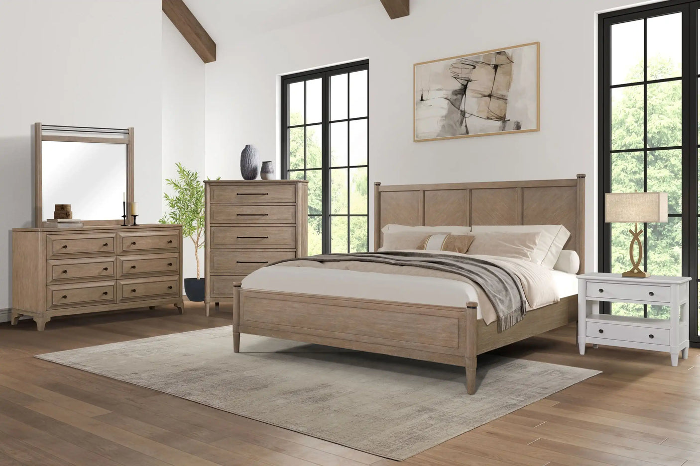 Modern bedroom with wood bed frame, dresser, chest, and nightstand by large windows