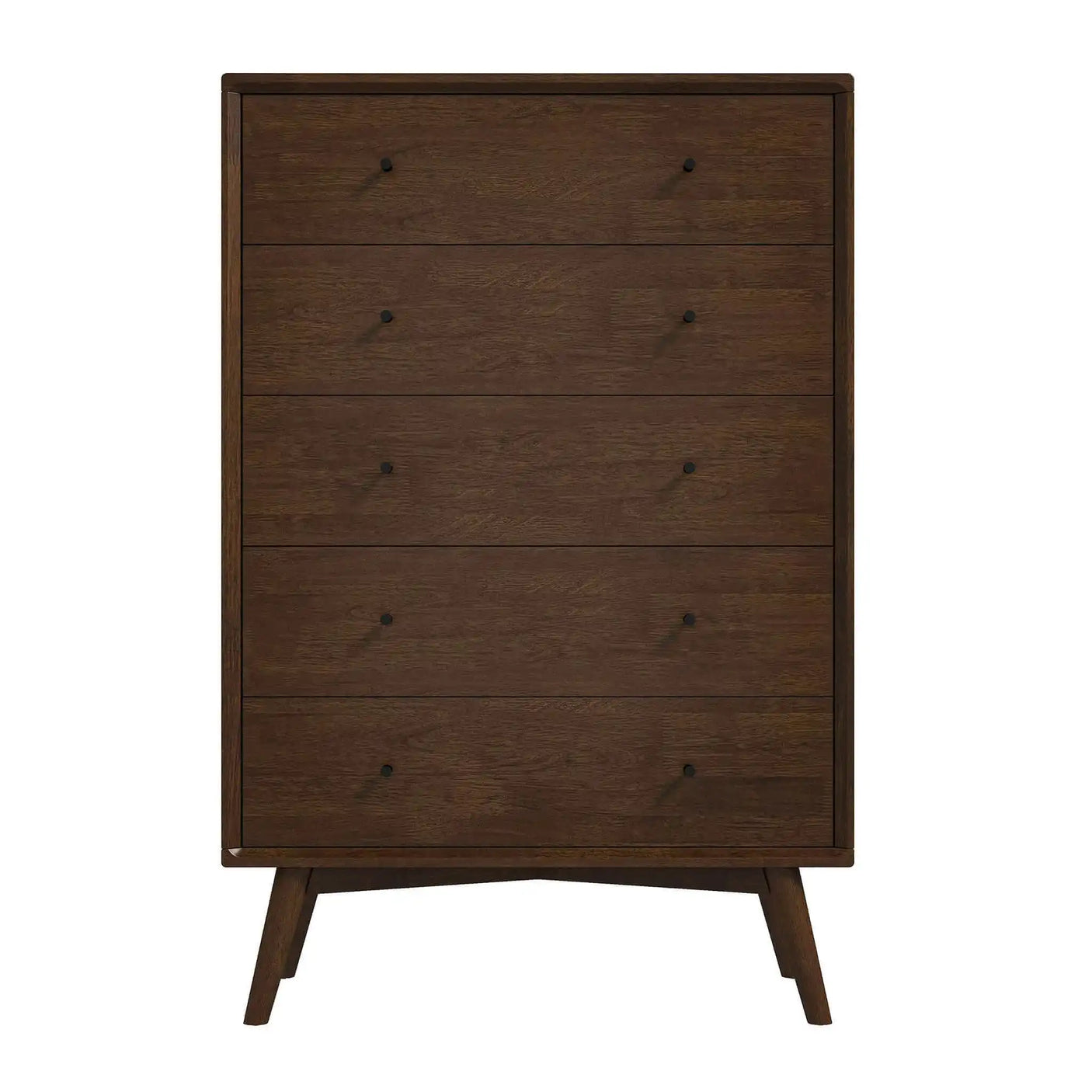Mid-century modern dark wood dresser with five drawers and angled legs