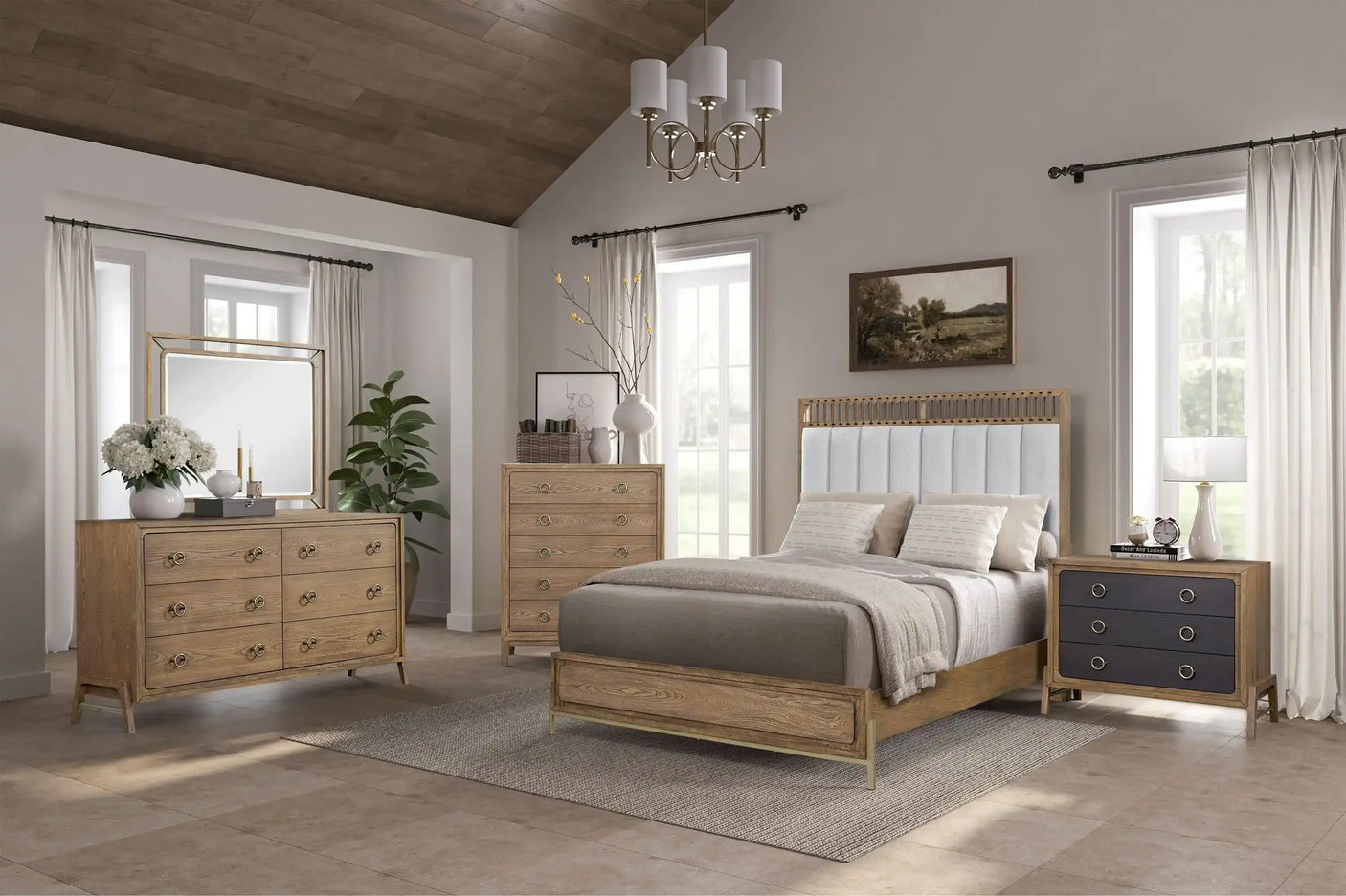 Modern bedroom with wood furniture, upholstered bed, large windows, and stylish decor.