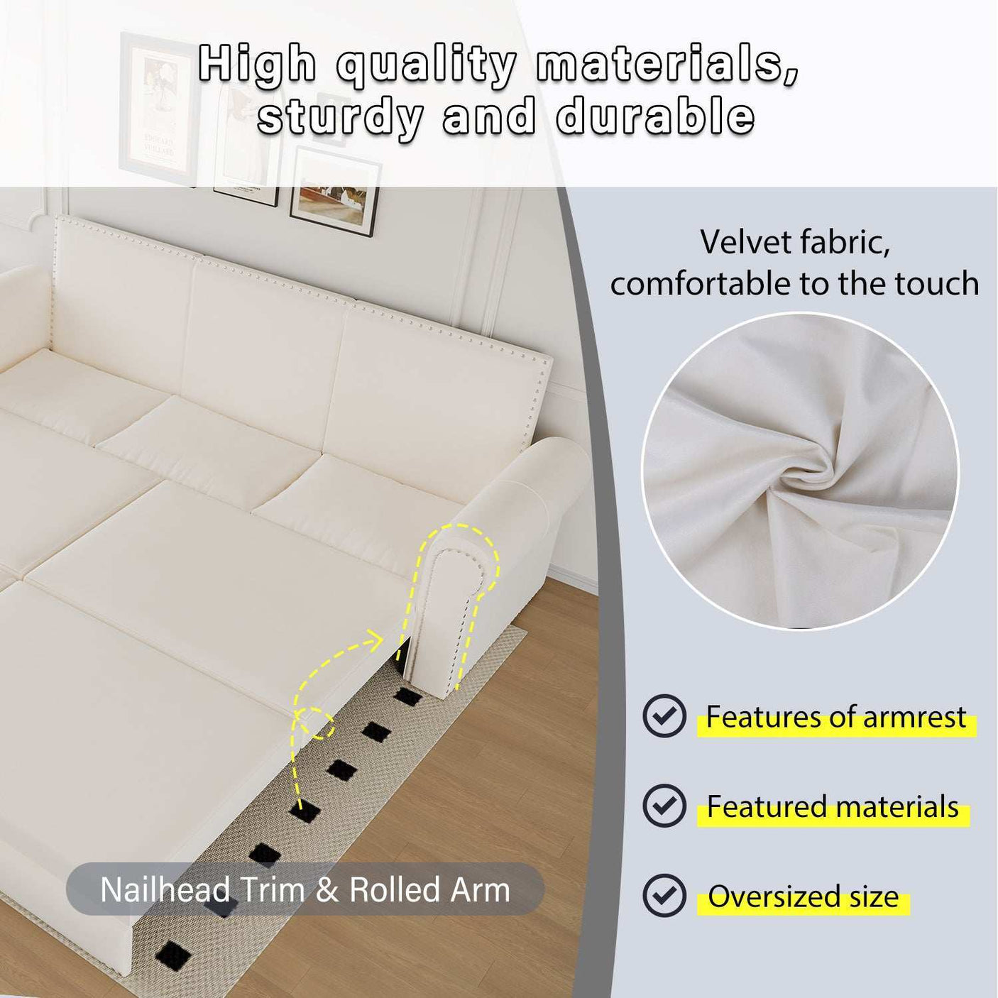 King Sleeper Sofa Bed 94", 3-in-1 Convertible in Velvet with Nailhead Trim