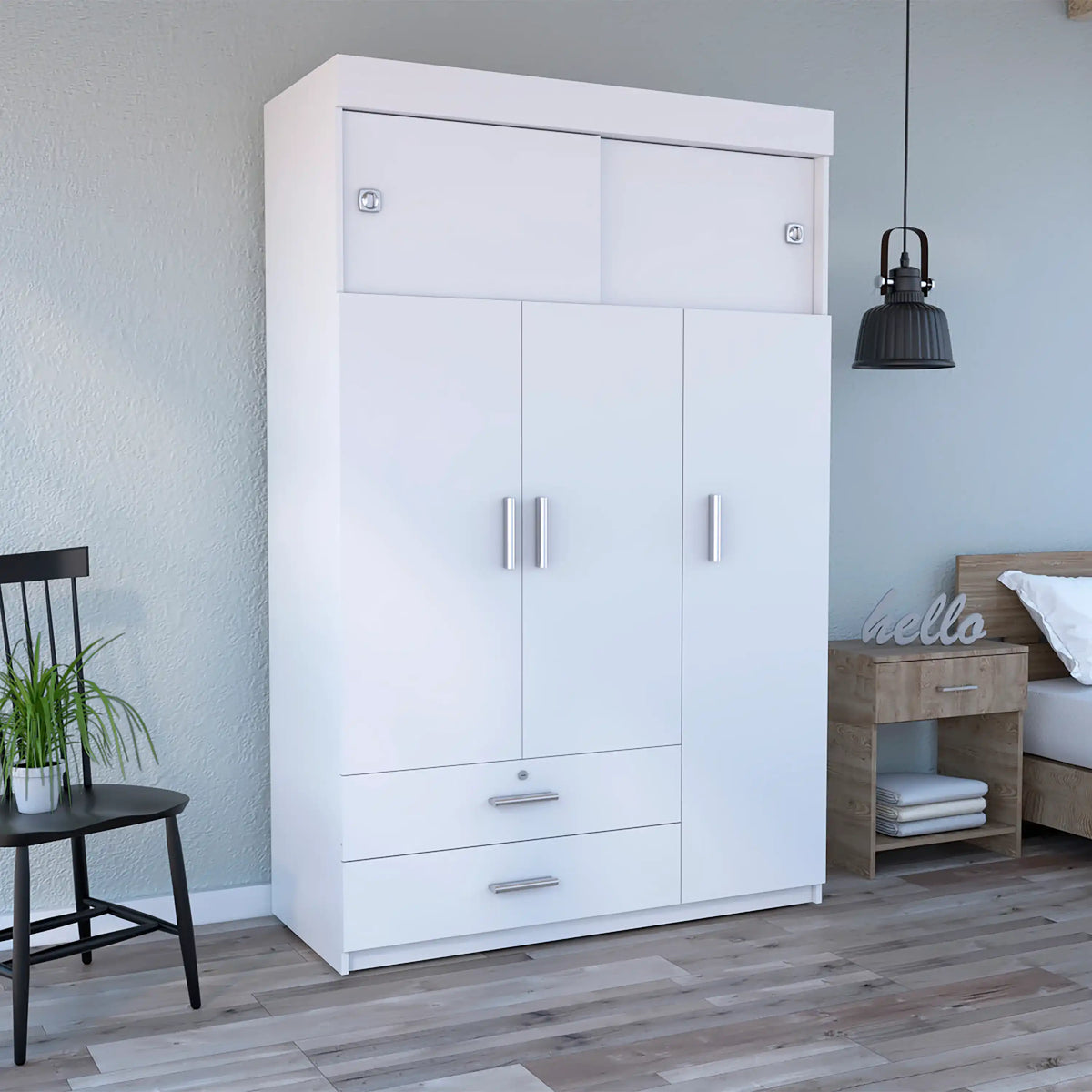 Triple Wardrobe, Hanging Rod, Two Drawers, Two Adjustable Shelves - White