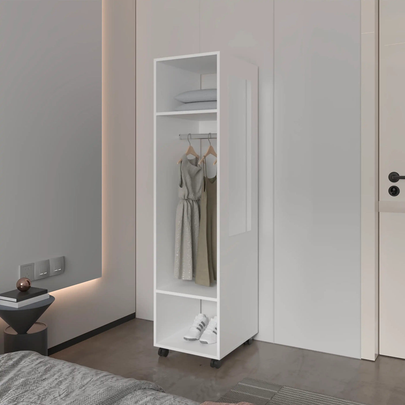 Benson Wardrobe, Mirror, Shelves, Hanging Rod, Open Storage Station
