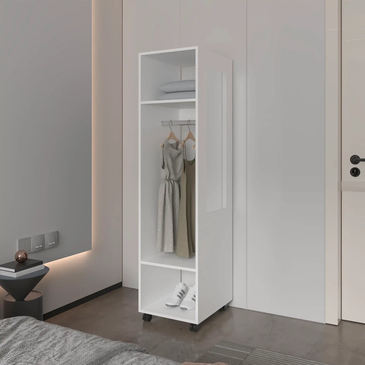 Benson Wardrobe, Mirror, Shelves, Hanging Rod, Open Storage Station