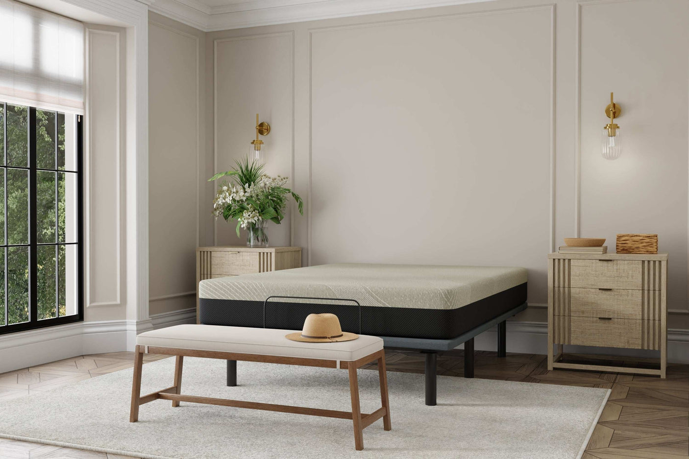 Modern bedroom with memory foam mattress, wood benches, beige walls, and decorative lighting