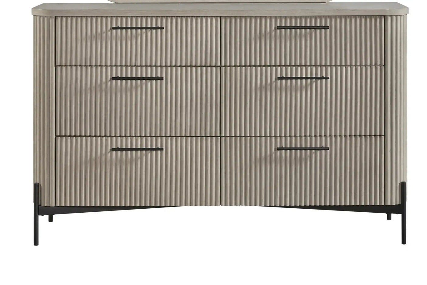 Modern ribbed wood dresser with three drawers and black metal handles