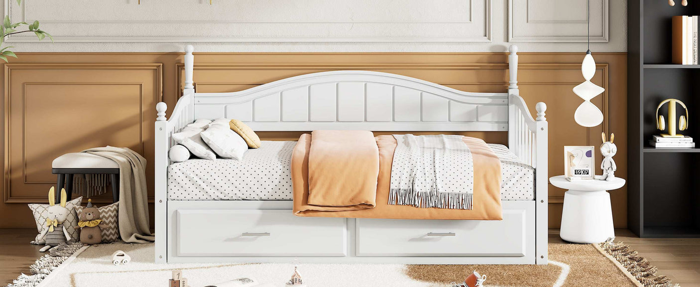 Twin Daybed, Extends to King Size, Trundle with Two Drawers, White