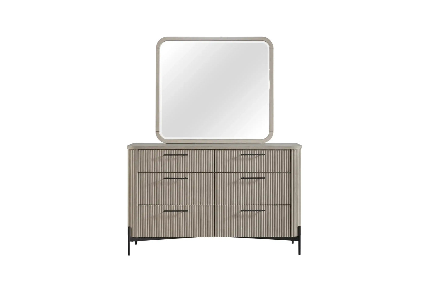 Modern wooden dresser with six drawers and matching square mirror, ribbed texture, neutral finish.