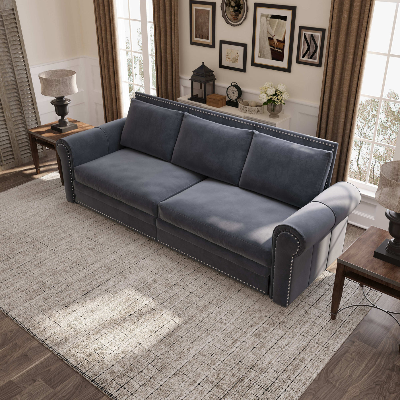 King Sleeper Sofa Bed 94", 3-in-1 Convertible in Velvet with Nailhead Trim