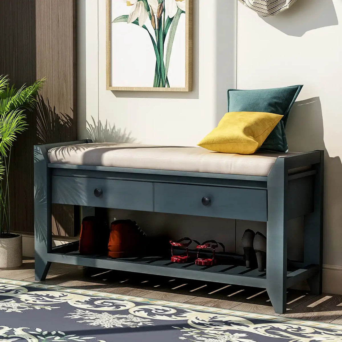 Storage Bench, Shoe Rack, Cushioned Seat, Multipurpose, Antique Navy