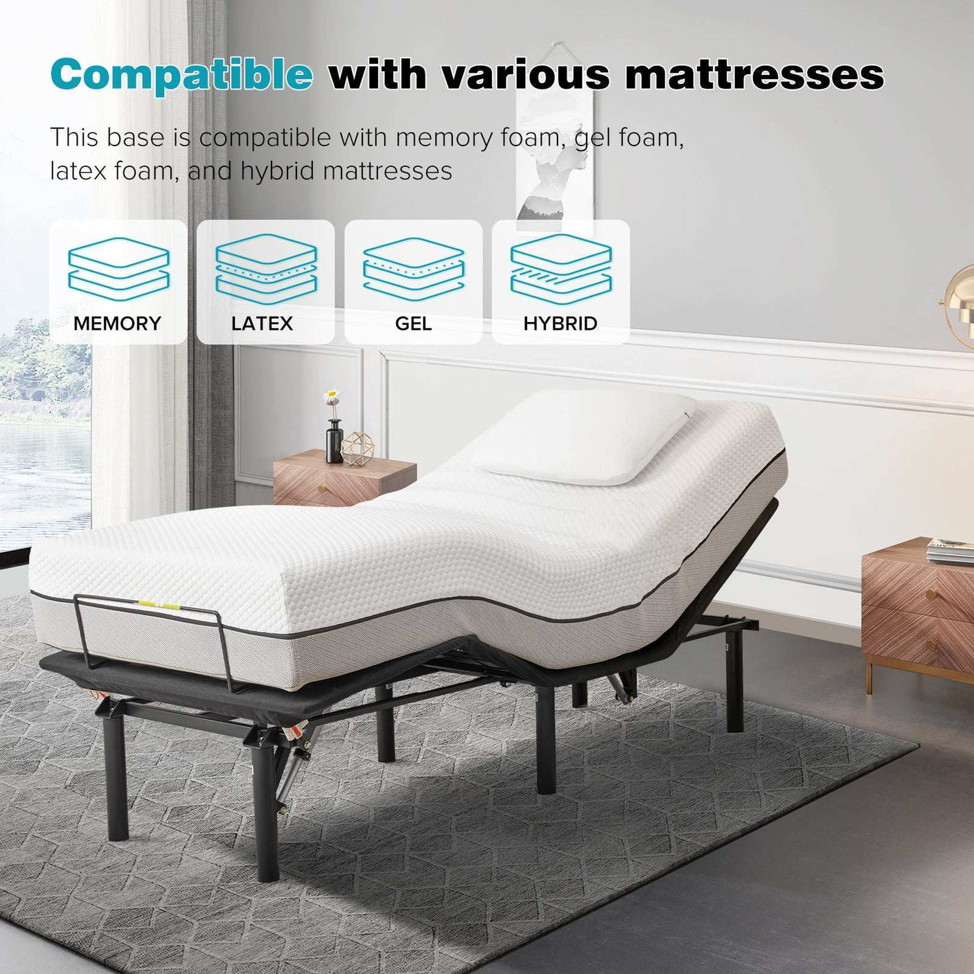 Adjustable bed frame with white mattress in modern bedroom, compatible with memory foam, latex, gel, and hybrid mattresses.