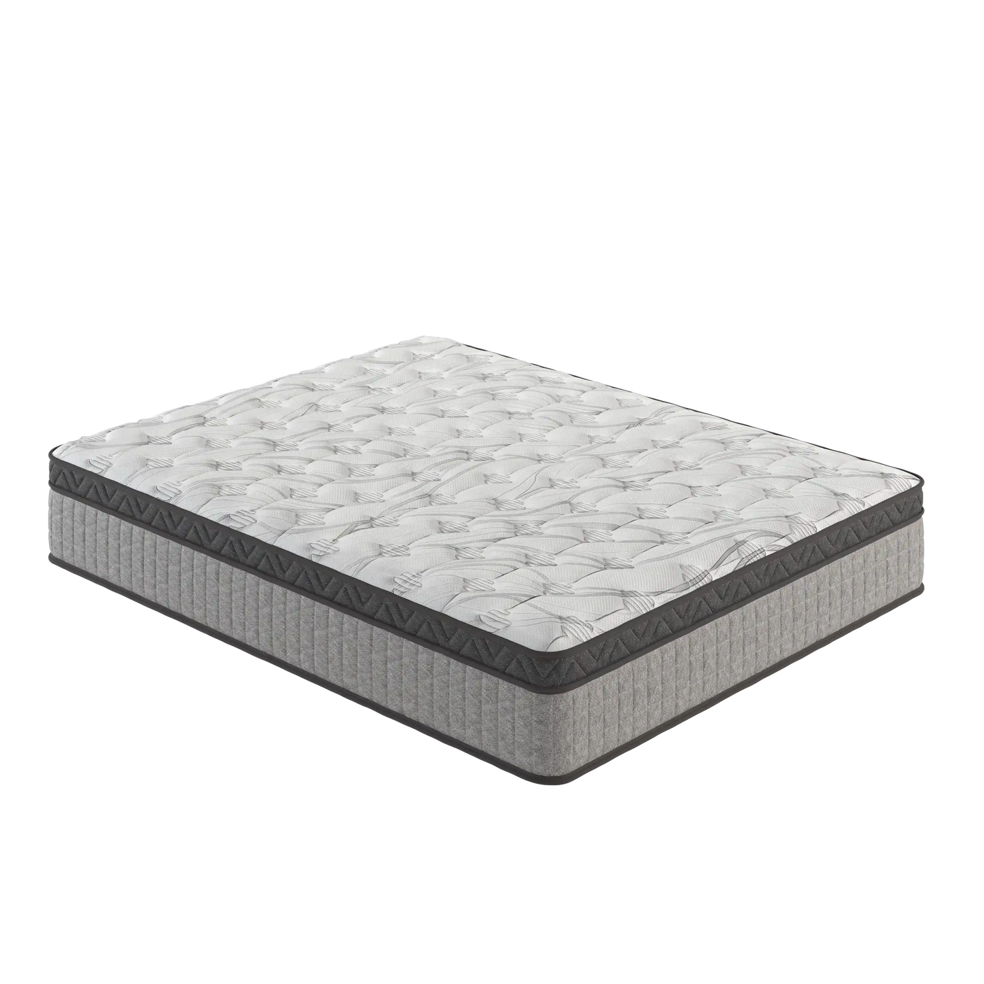 queen size mattress with quilted top and gray fabric sides on black background