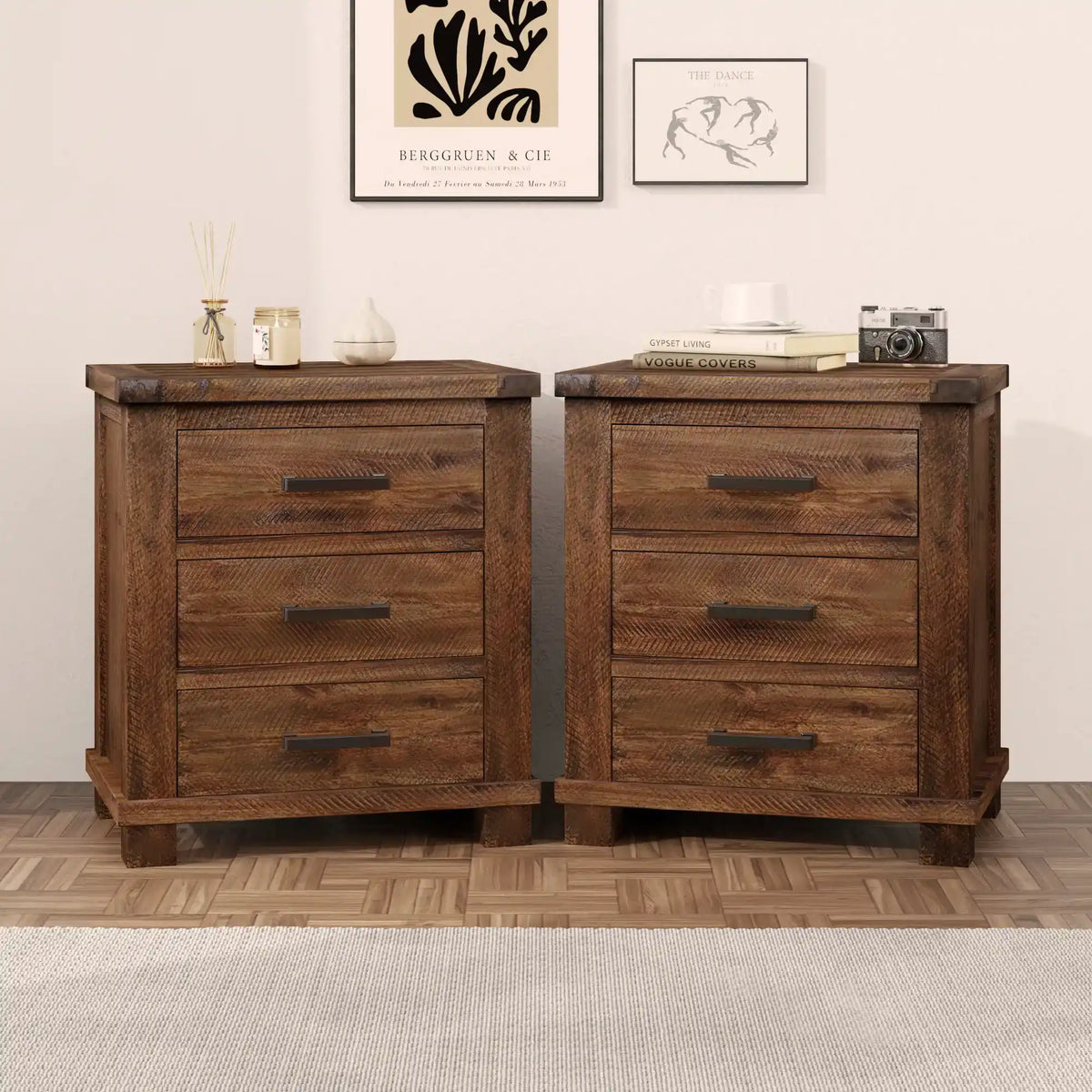 Nightstands (Set of 2), 3 Drawers, Wrought Iron Pulls, Rustic Reclaimed Solid Wood