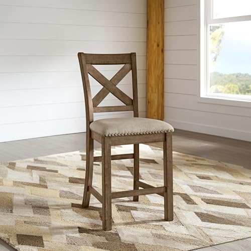 Signature Design by Ashley Moriville Rustic Farmhouse 24.5" Upholstered Barstool, 2 Count, Beige & Brown