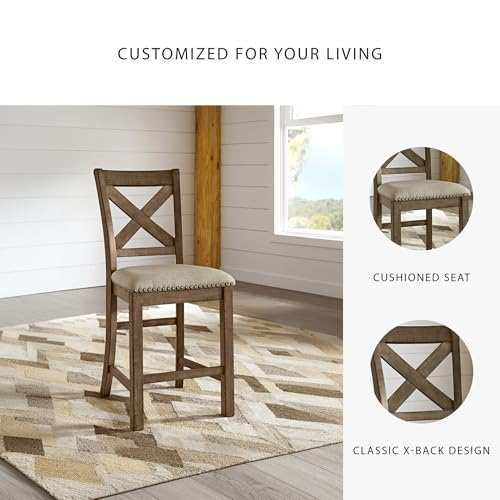 Signature Design by Ashley Moriville Rustic Farmhouse 24.5" Upholstered Barstool, 2 Count, Beige & Brown