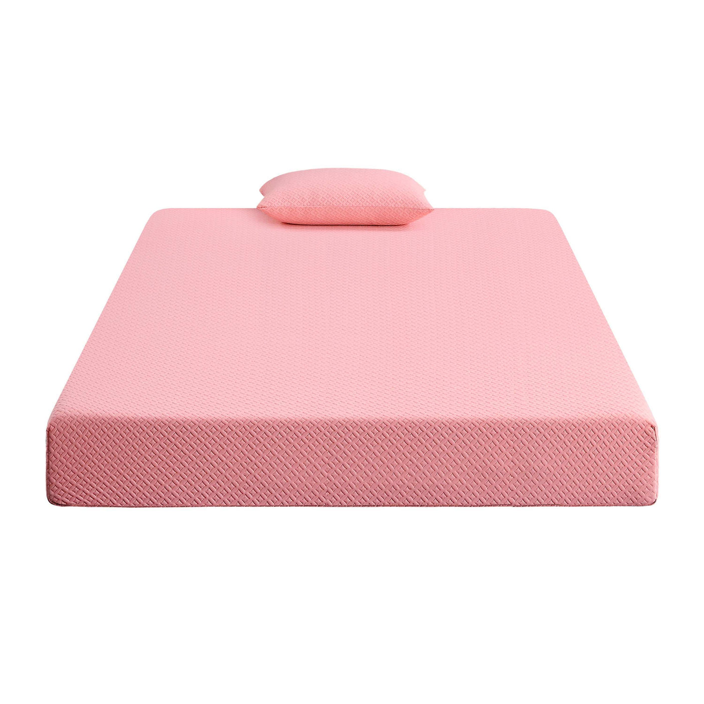 Pink memory foam mattress with matching pillow on white background