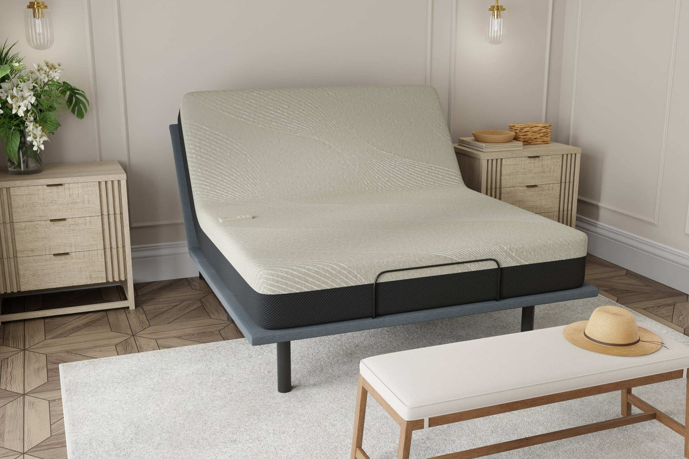 Adjustable bed with memory foam mattress in a modern bedroom with nightstands and decor
