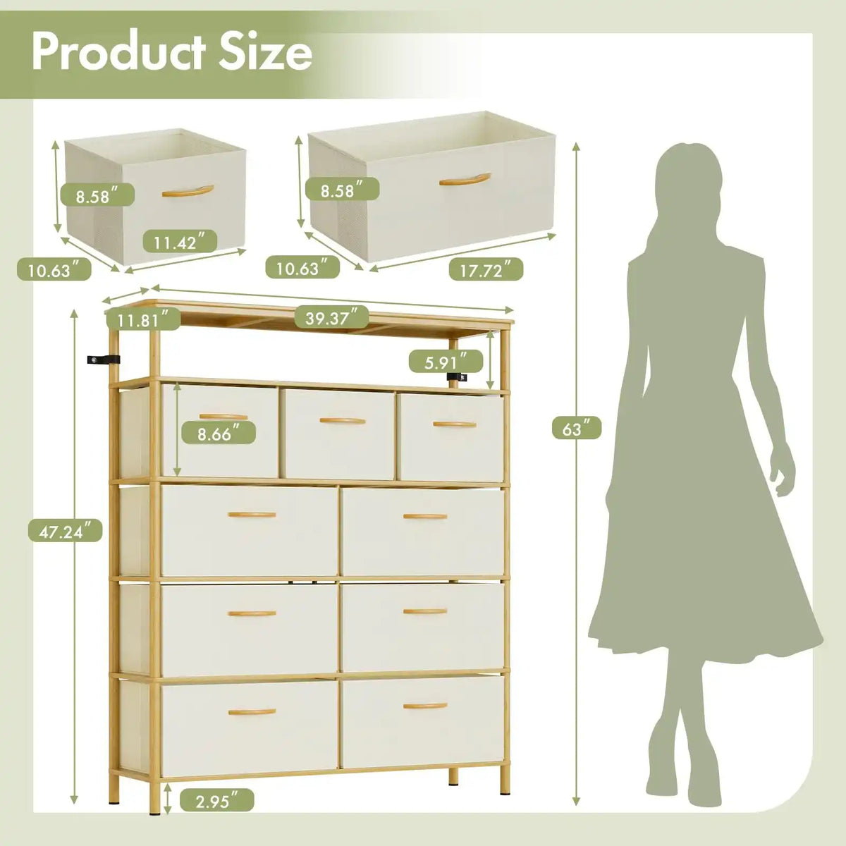 9 Drawer Fabric Dresser, Bamboo Fabric Drawer Dresser, Large Capacity Storage, for Bedroom and Living Room