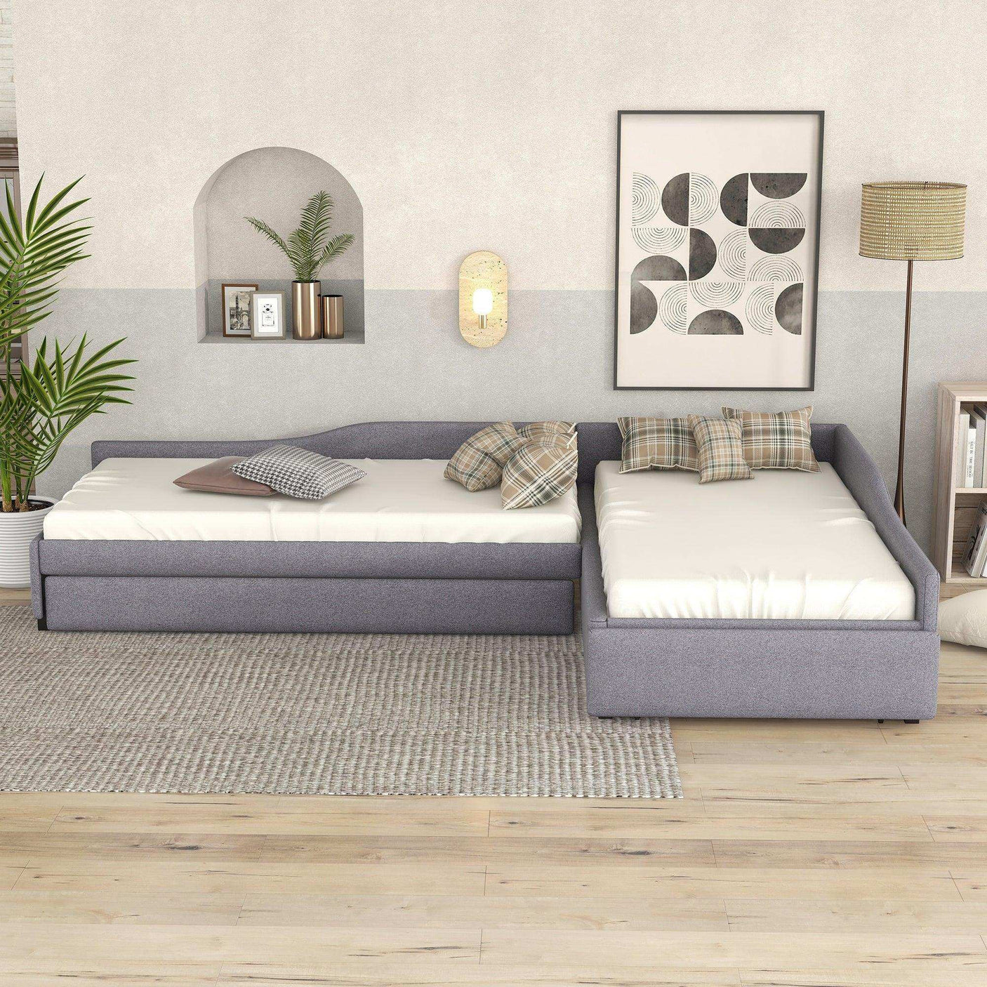 Double Twin Daybed with Trundle & Drawer, Upholstered Gray