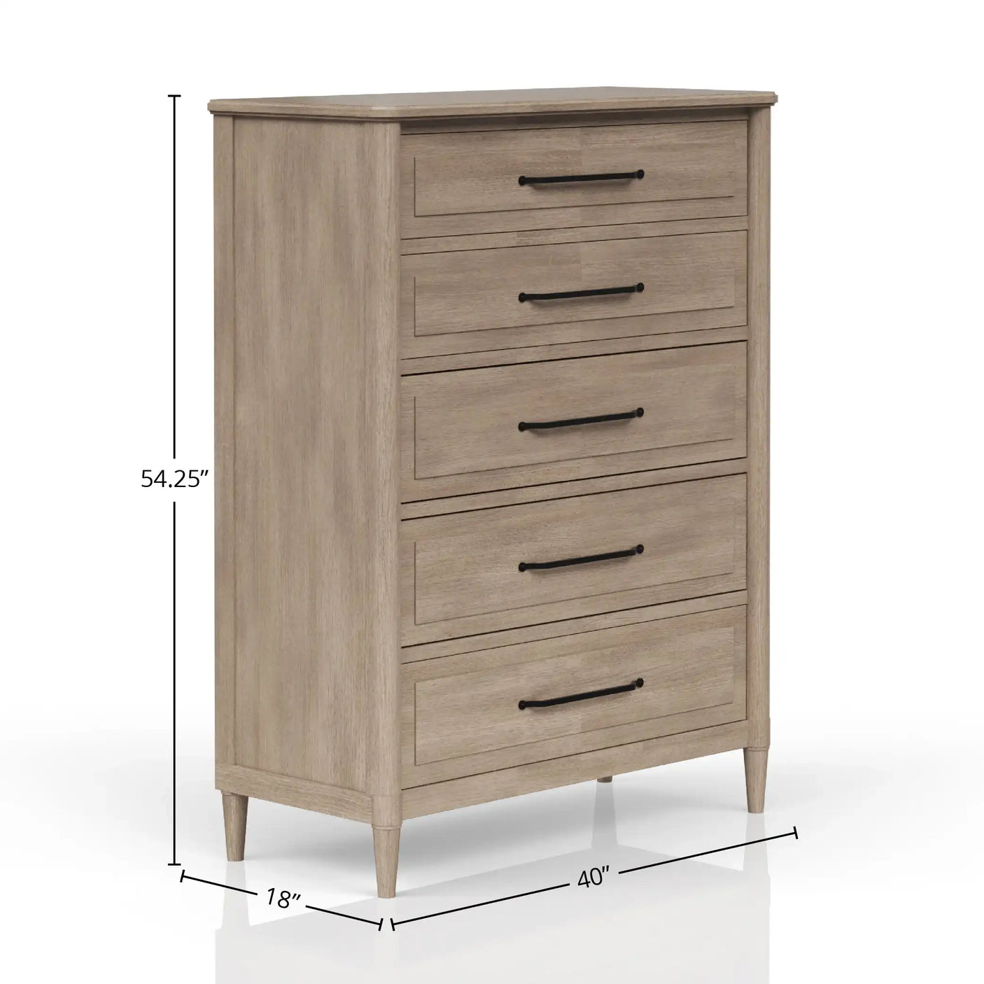Light wood bedroom dresser with five drawers, black handles, and dimensions 54.25x40x18 inches
