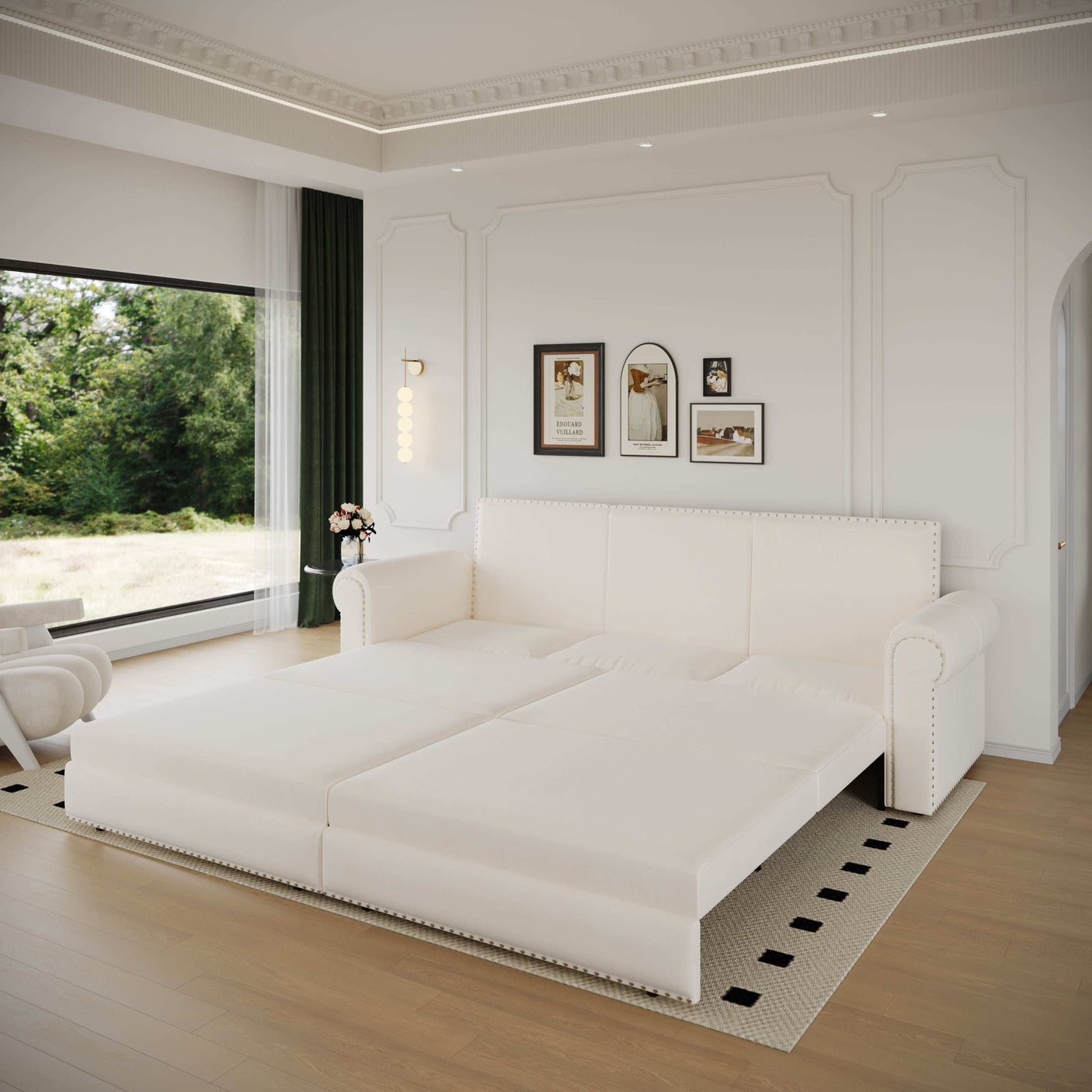 King Sleeper Sofa Bed 94", 3-in-1 Convertible in Velvet with Nailhead Trim