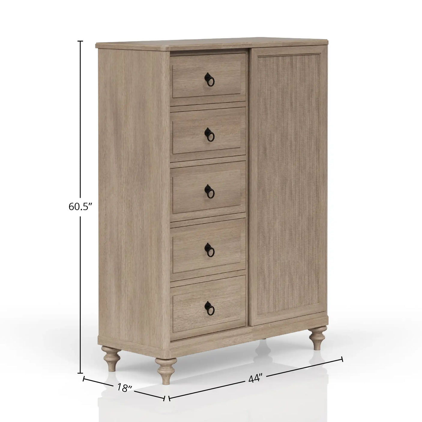 Light wood dresser with five drawers, cabinet, black handles, dimensions 60.5 x 44 x 18 inches