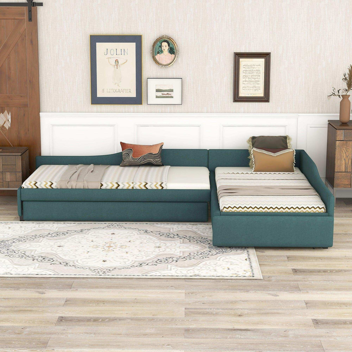 Double Twin Daybed with Trundle & Drawer, Upholstered Green