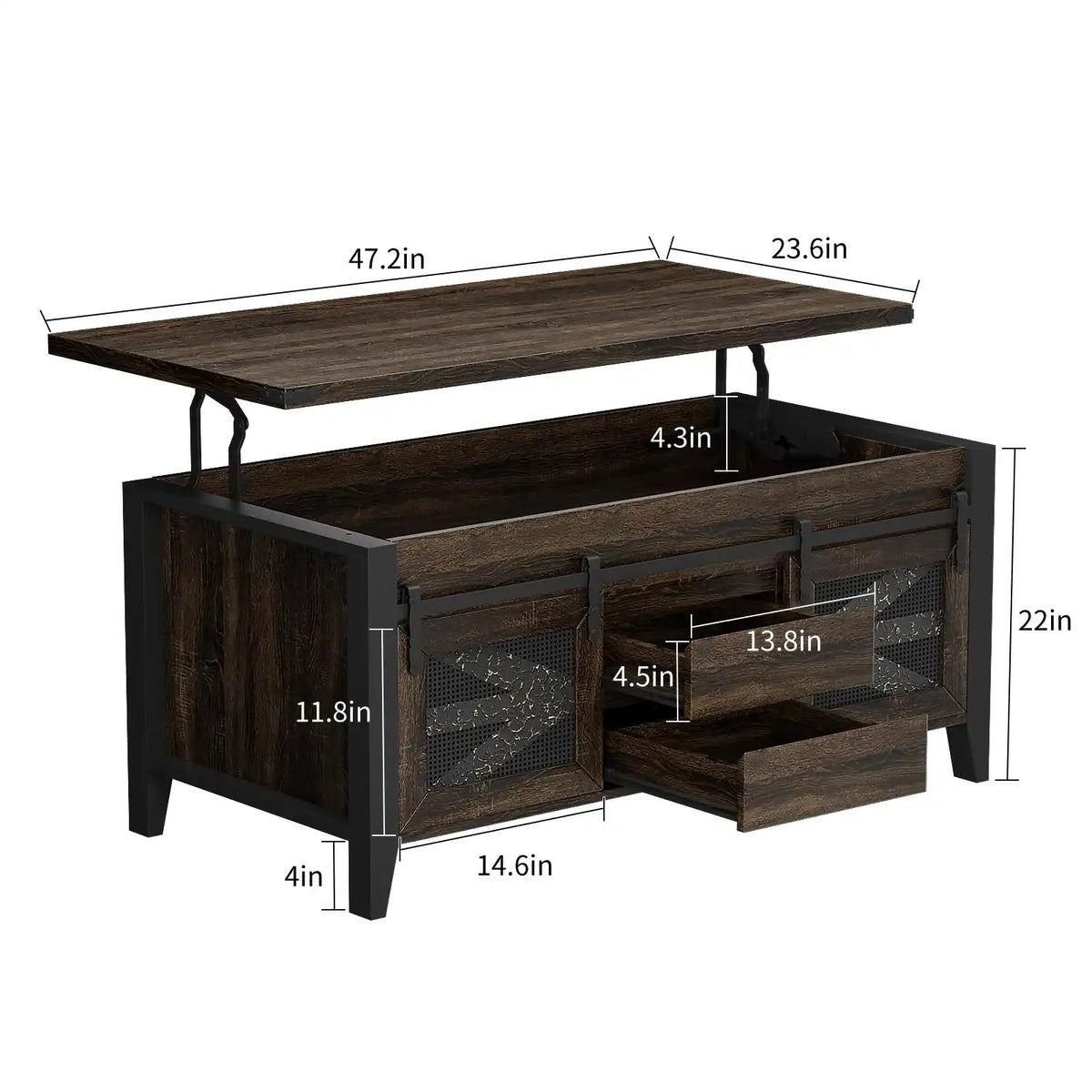 47.2" Lift Top Coffee Table with Hidden Compartment, Storage Drawers & Sliding Barn Doors