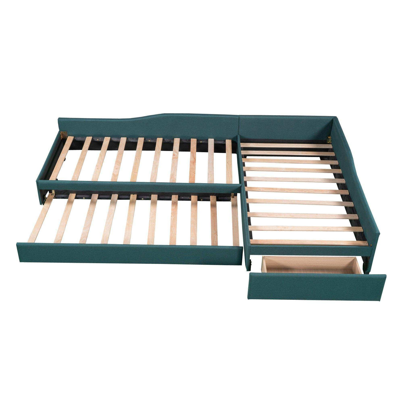 Double Twin Daybed with Trundle & Drawer, Upholstered Green