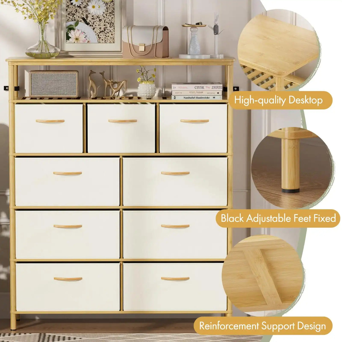 9 Drawer Fabric Dresser, Bamboo Fabric Drawer Dresser, Large Capacity Storage, for Bedroom and Living Room