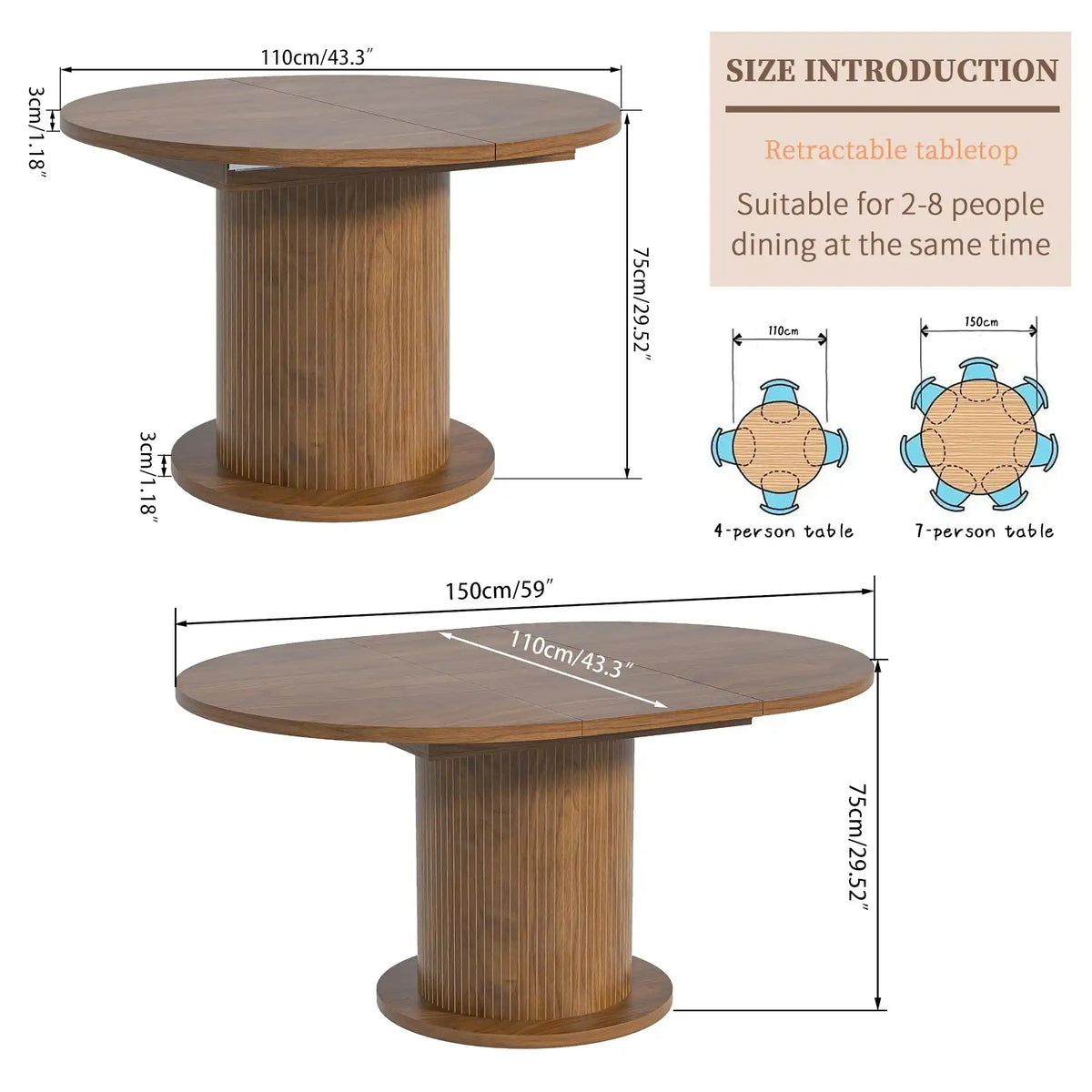 43.3 inch 59 inch Adjustable Size Round Dining Table for 4 6, Unique Design Modern Farmhouse Kitchen Table